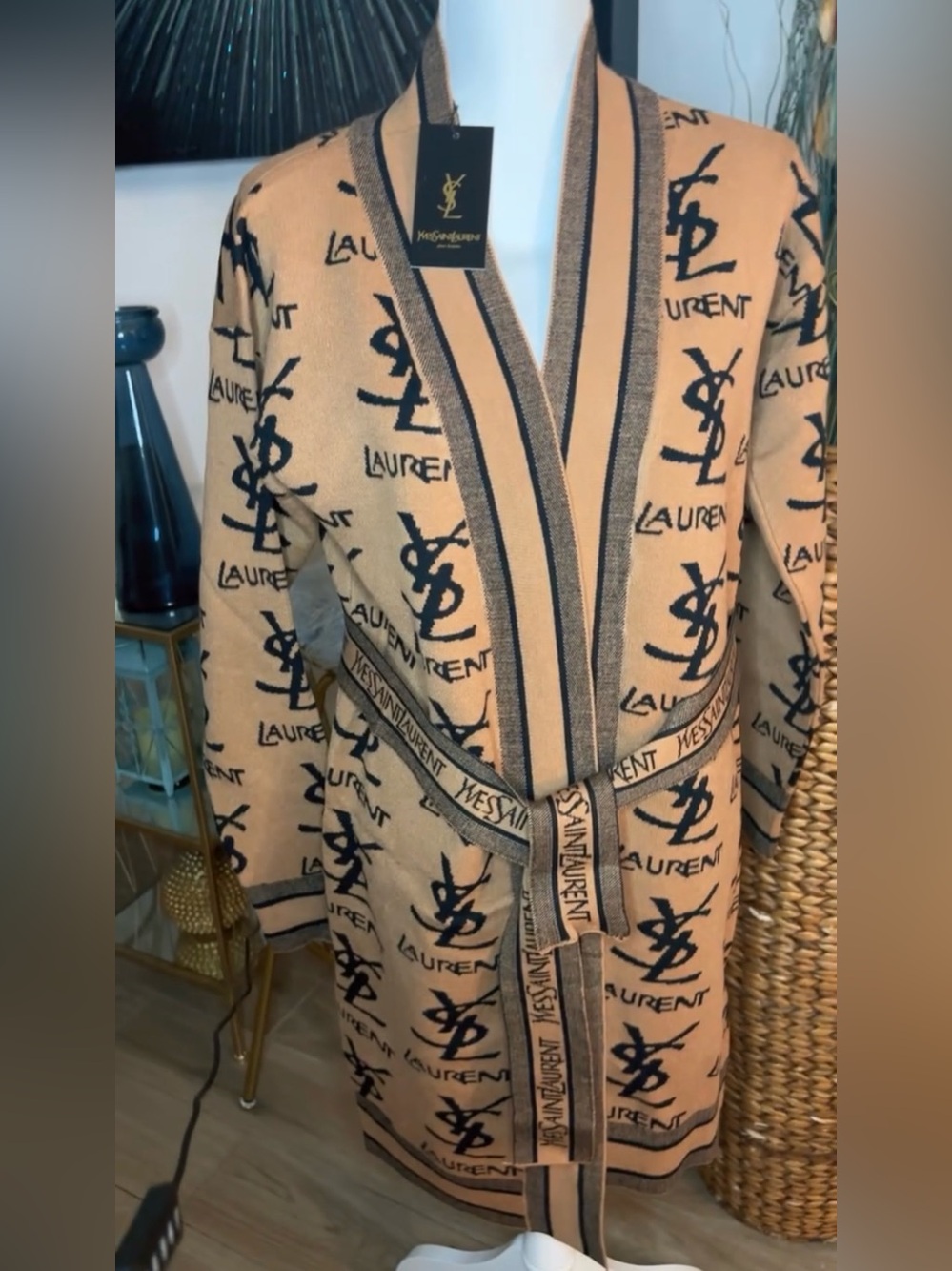 Source Unknown Tan and Black Logo Knit Belted Cape